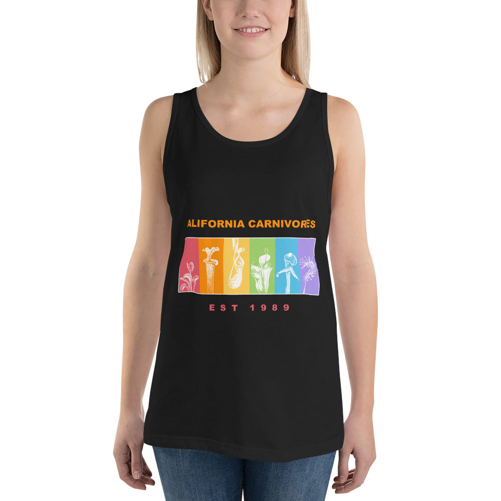 Black tank top with colorful graphic and text on a white background