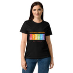 Woman wearing a black t-shirt with colorful graphic and text on a white background