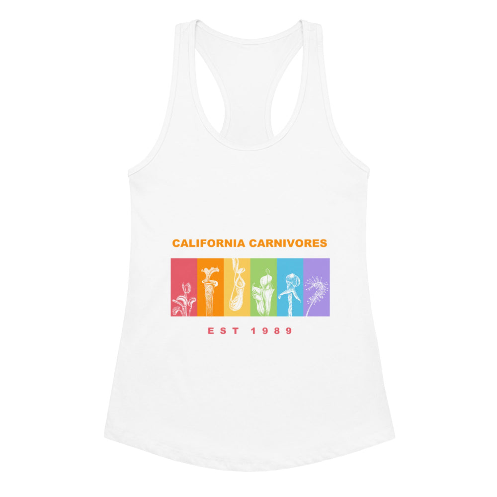 White tank top with colorful graphic and 'California Carnivores' text on a white background