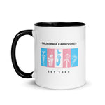 White mug with black handle featuring 'California Carnivores' logo and text on a white background