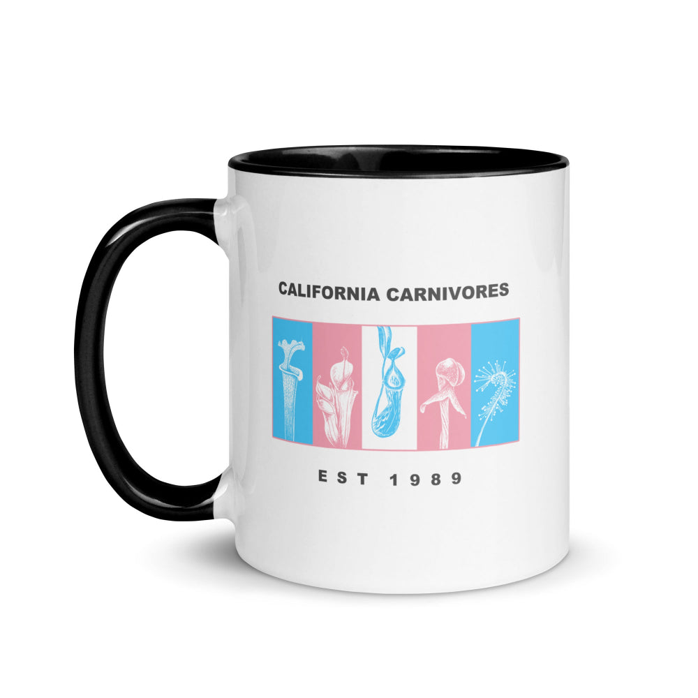White mug with black handle featuring 'California Carnivores' logo and text on a white background