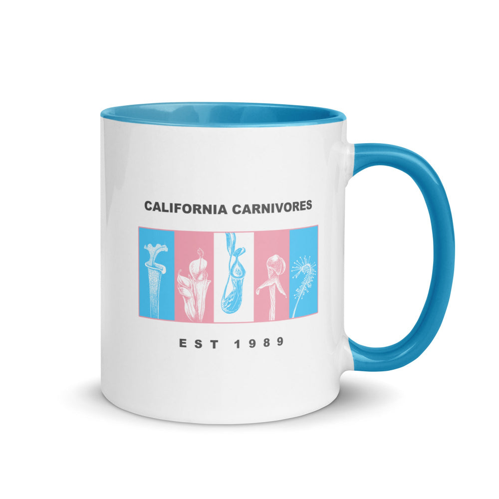 White mug with blue interior and handle featuring 'California Carnivores' logo and text.