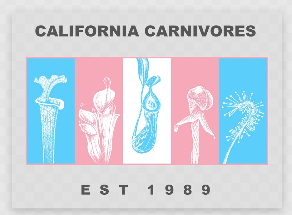 Logo of California Carnivores with plant illustrations on a striped background