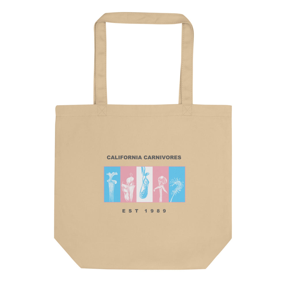 Beige tote bag with California Carnivores logo on a white background
