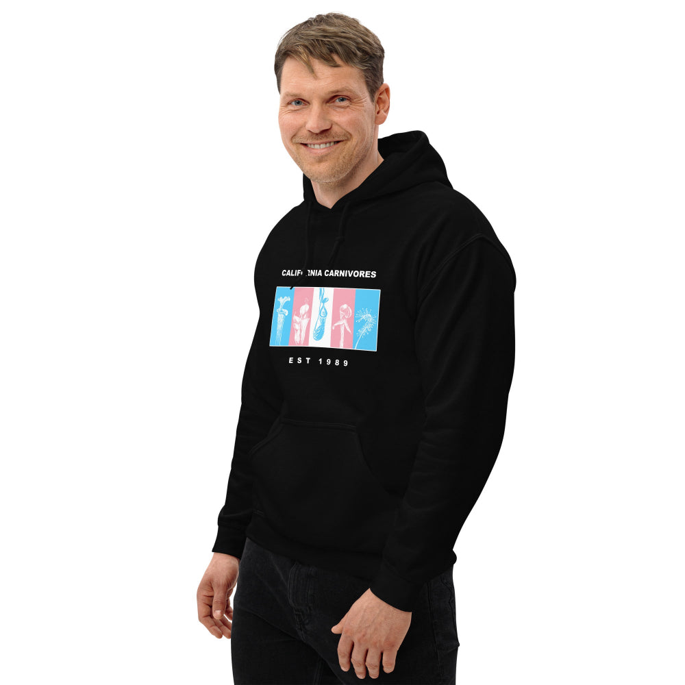 Man wearing a black hoodie with a graphic design on a white background