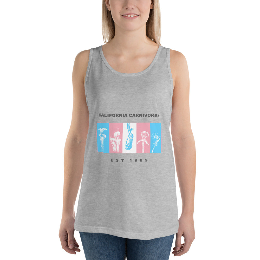 Gray tank top with 'California Carnivores' logo worn by a person on a white background