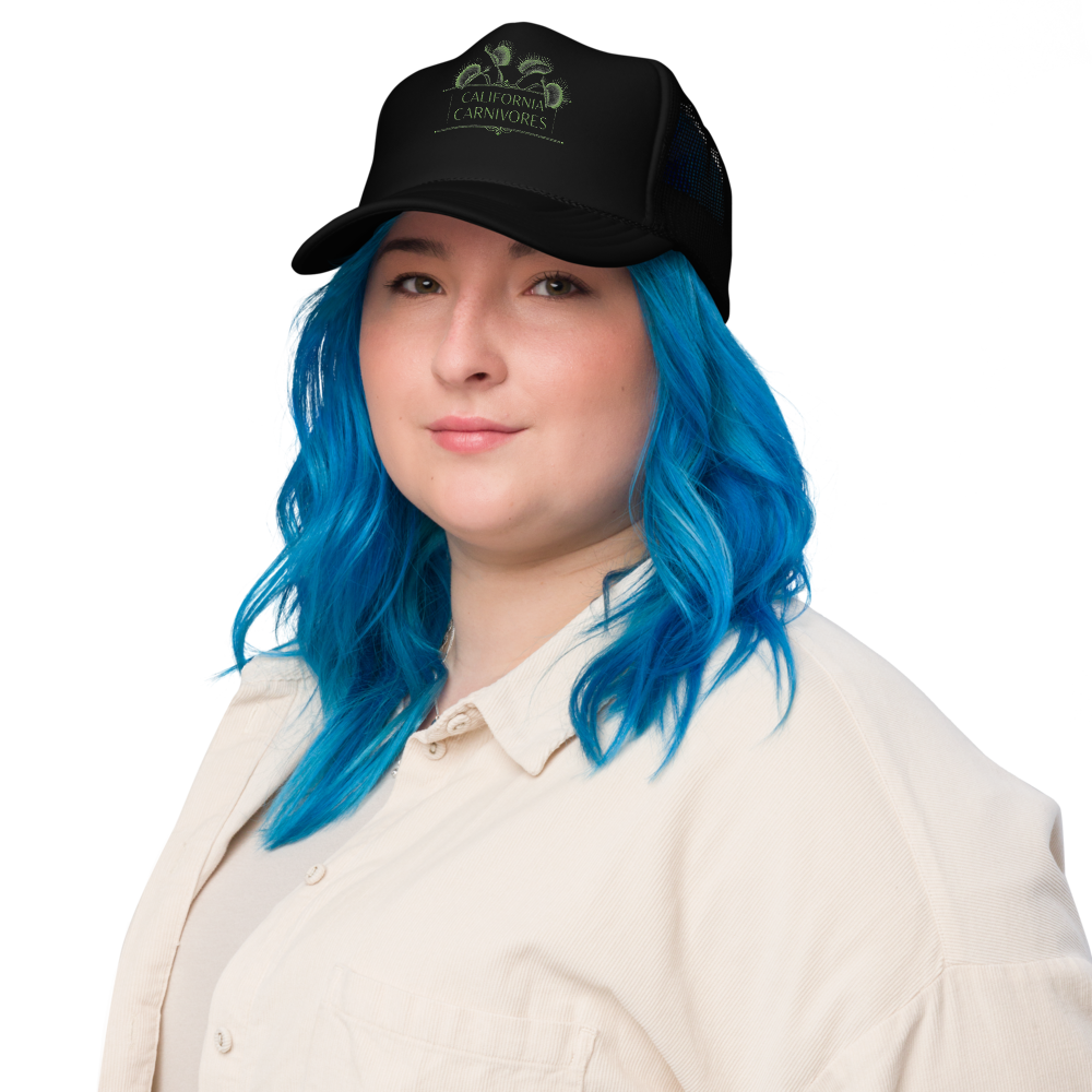 Person with blue hair wearing a black cap on a white background
