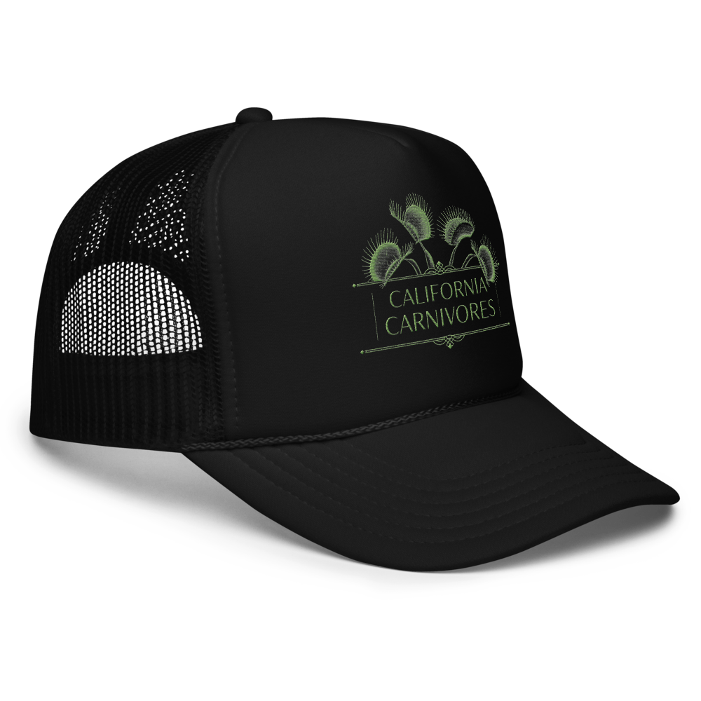 Black trucker cap with 'California Carnivores' logo on a white background
