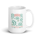 California Carnivores mug with Wicked Hungry in coral, in the upper middle, surrounded by wood block print style flytraps in teal