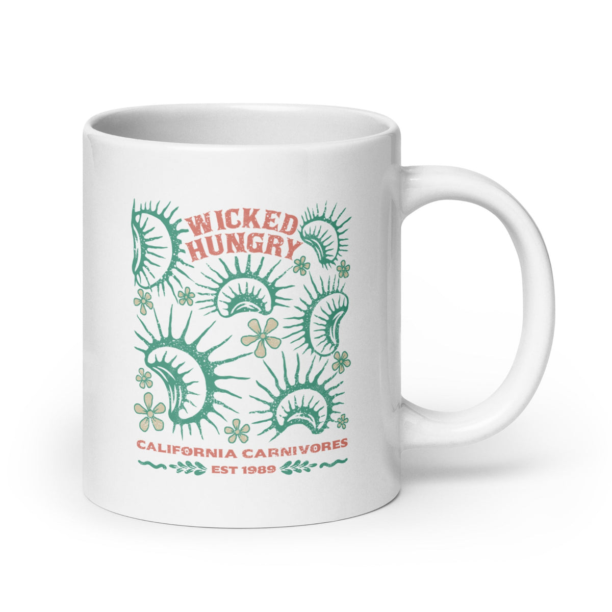 California Carnivores mug with Wicked Hungry in coral, in the upper middle, surrounded by wood block print style flytraps in teal