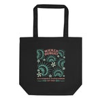 California Carnivores Black tote bag with Wicked Hungry in coral, in the upper middle, surrounded by wood block print style flytraps in teal