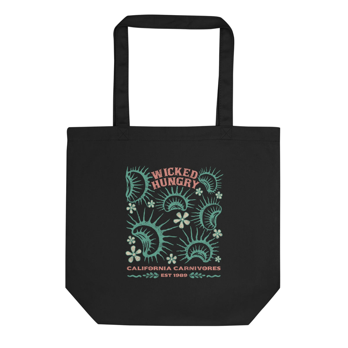 California Carnivores Black tote bag with Wicked Hungry in coral, in the upper middle, surrounded by wood block print style flytraps in teal