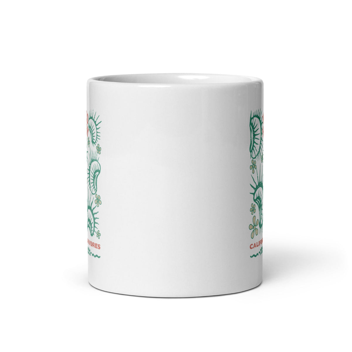 California Carnivores mug with Wicked Hungry in coral, in the upper middle, surrounded by wood block print style flytraps in teal