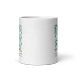 California Carnivores mug with Wicked Hungry in coral, in the upper middle, surrounded by wood block print style flytraps in teal
