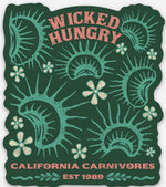 Sticker with Wicked Hungry and California Carnivores text on a green background