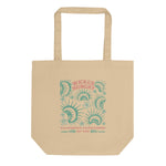 California Carnivores Tan tote bag with Wicked Hungry in coral, in the upper middle, surrounded by wood block print style flytraps in teal
