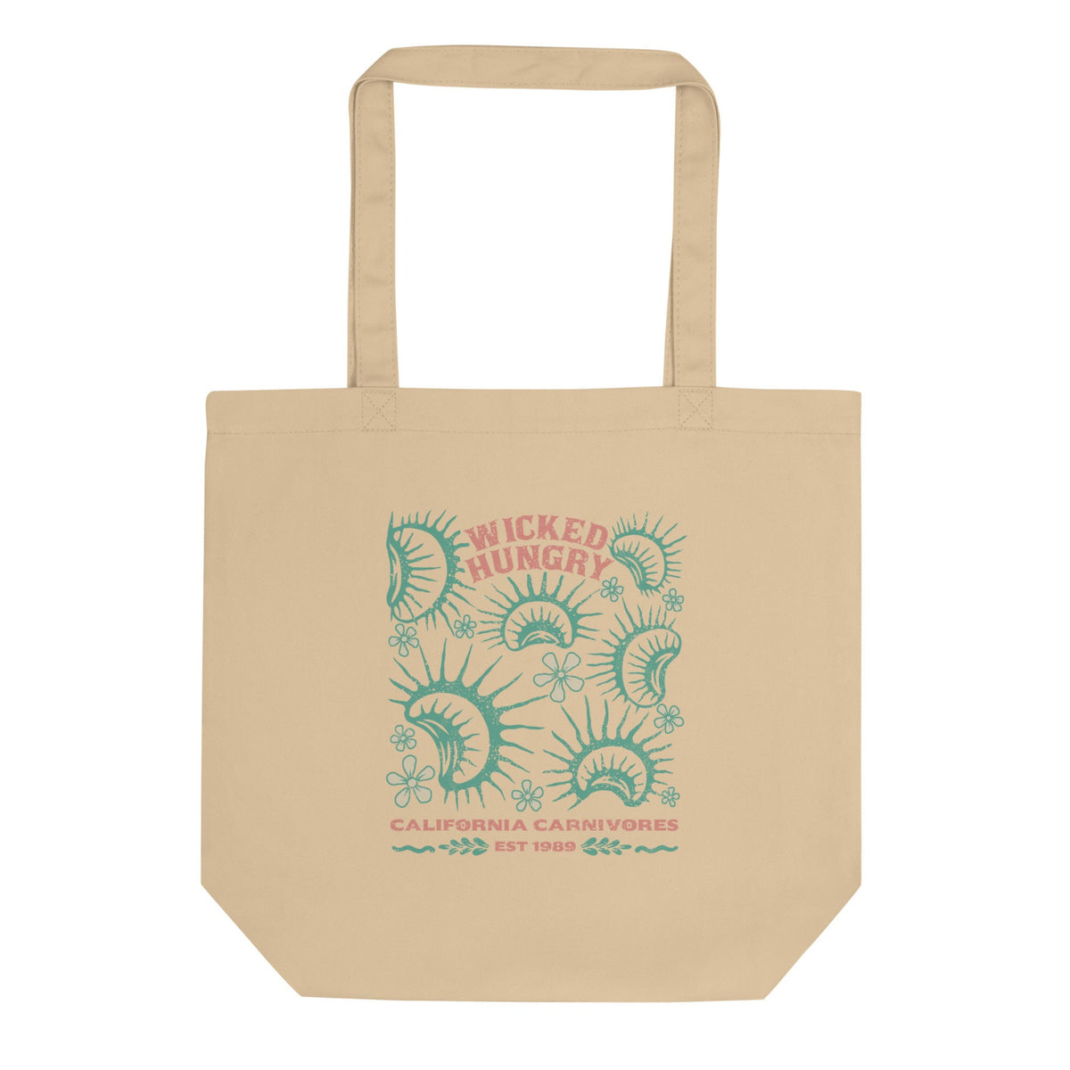 California Carnivores Tan tote bag with Wicked Hungry in coral, in the upper middle, surrounded by wood block print style flytraps in teal