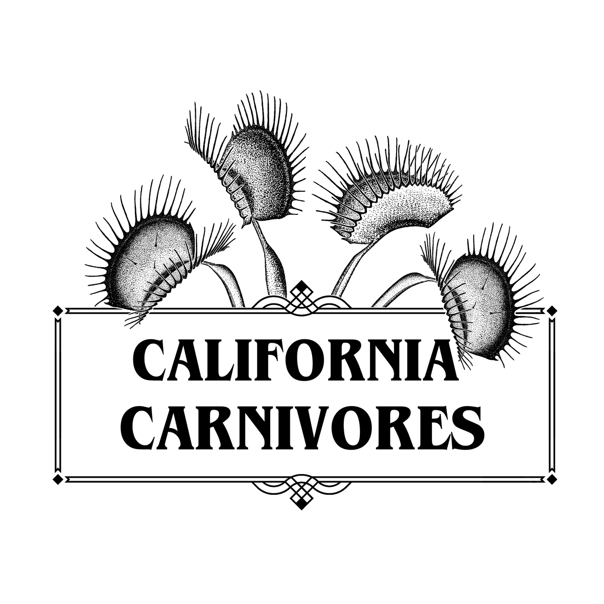 A black logo with four flytrap silhouettes with the name California Carnivores