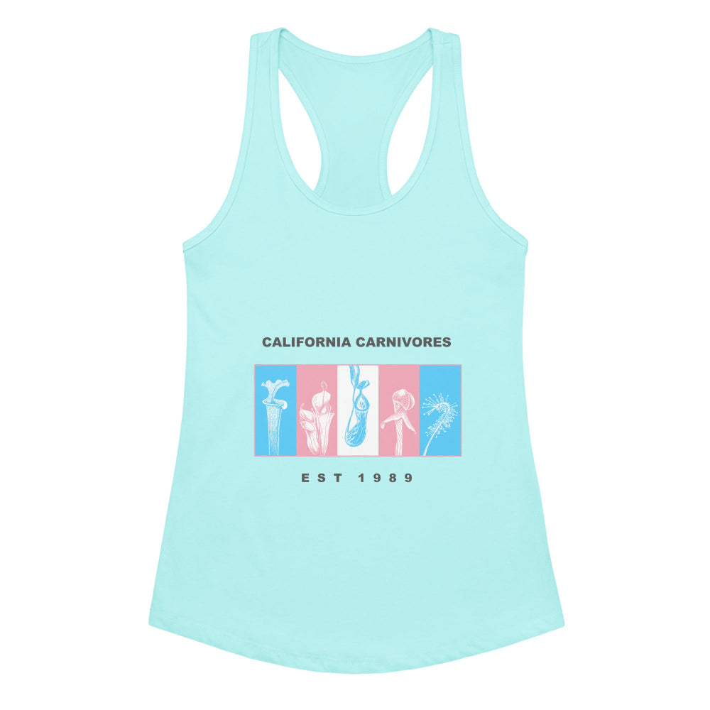 Light blue tank top with graphic design and text on a white background