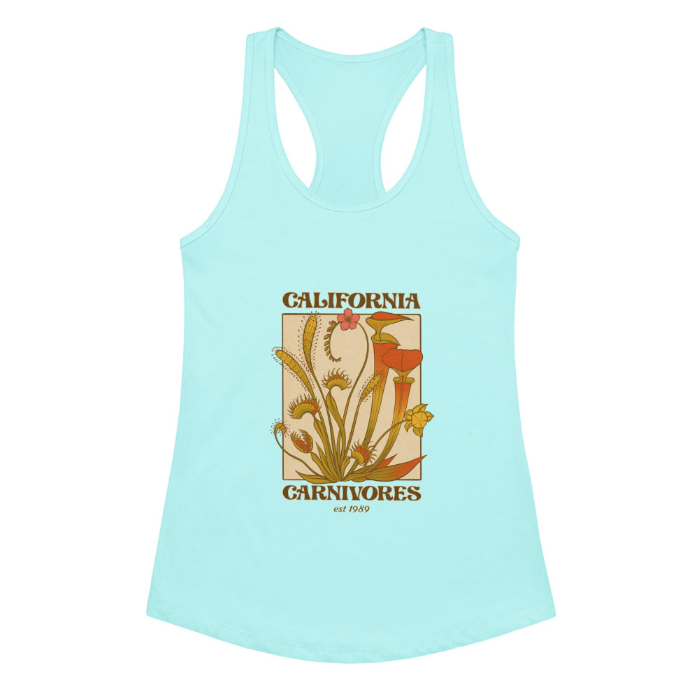 Light blue tank top with a graphic design of carnivorous plants and text on a white background