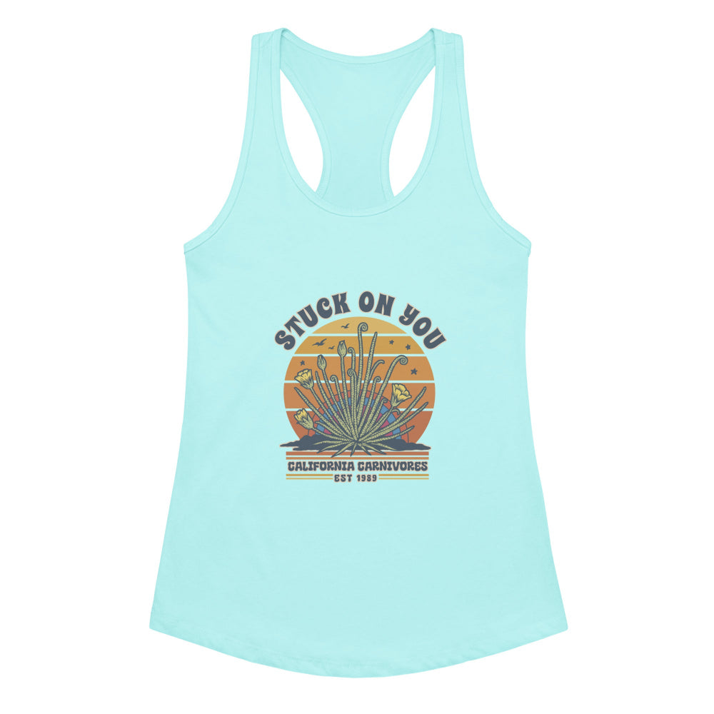 Light blue tank top with graphic design and text on a white background