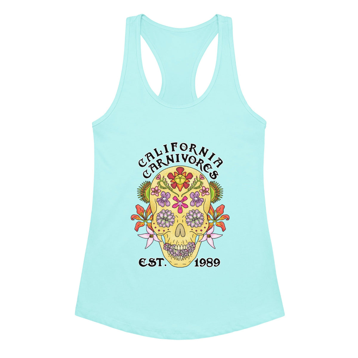 Cancun blue tank top with a colorful skull design and 'California Carnivores' text on a white background