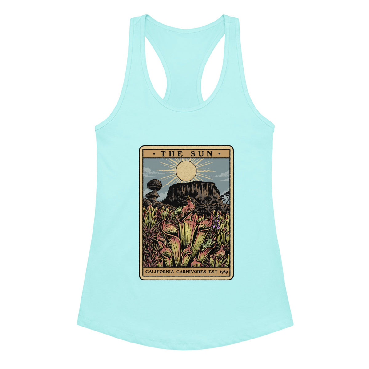 Cancun Blue Womens Tank Top with a graphic design of a tarot card featuring heliamphora and text 