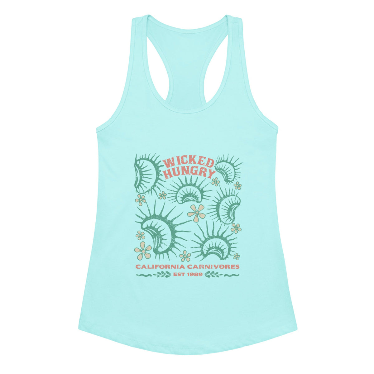 Cancun Blue California Carnivores Womens tank top with Wicked Hungry in coral, in the upper middle, surrounded by wood block print style flytraps in teal. 