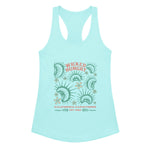 Cancun Blue California Carnivores Womens tank top with Wicked Hungry in coral, in the upper middle, surrounded by wood block print style flytraps in teal. 