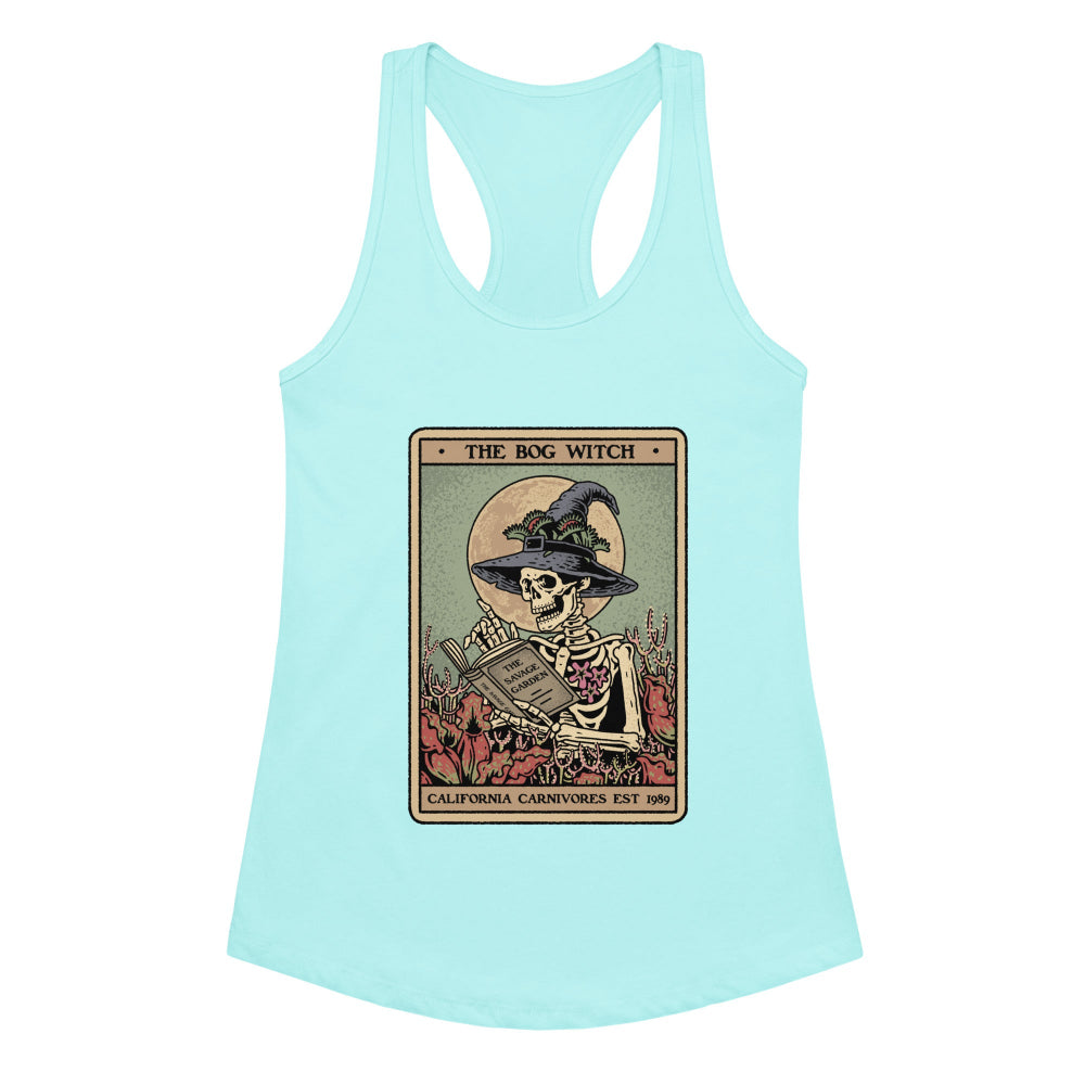 Light blue tank top with a skeleton wearing a witch hat and reading a book design on a white background.