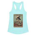 Light blue tank top with a skeleton wearing a witch hat and reading a book design on a white background.