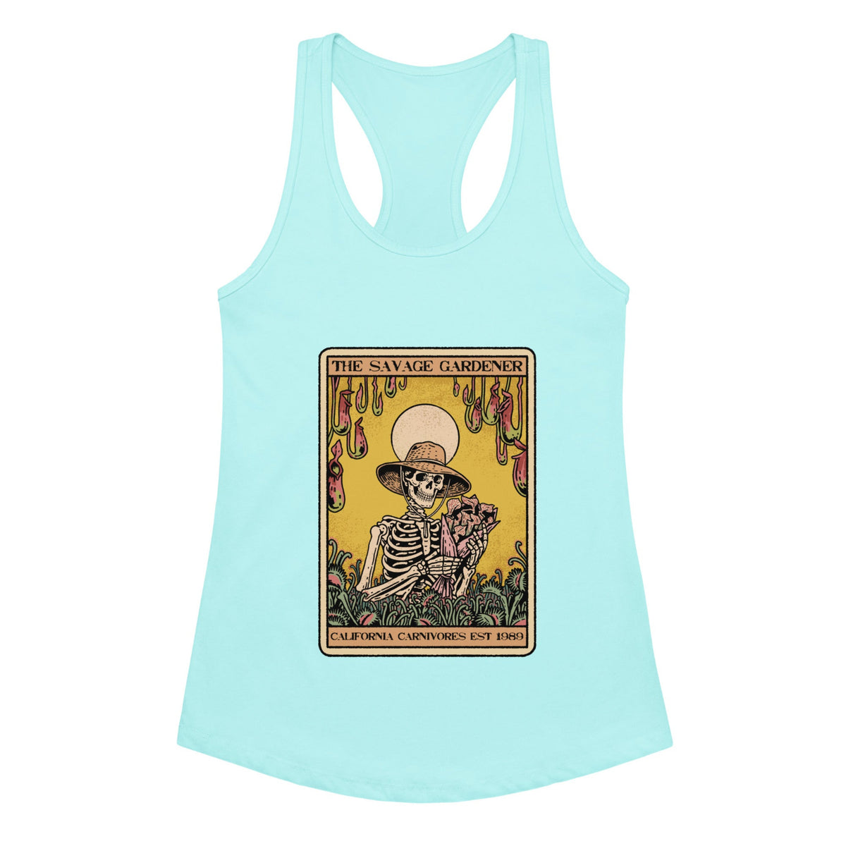 Light blue tank top with a skeleton gardener design on a white background