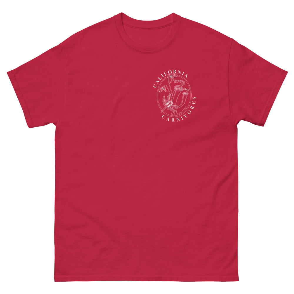 Red t-shirt with 'California Carnivores' text on a white background