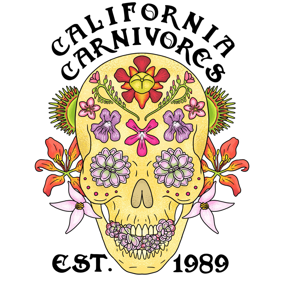 Decorative skull with flowers and 'California Carnivores' text on a white background