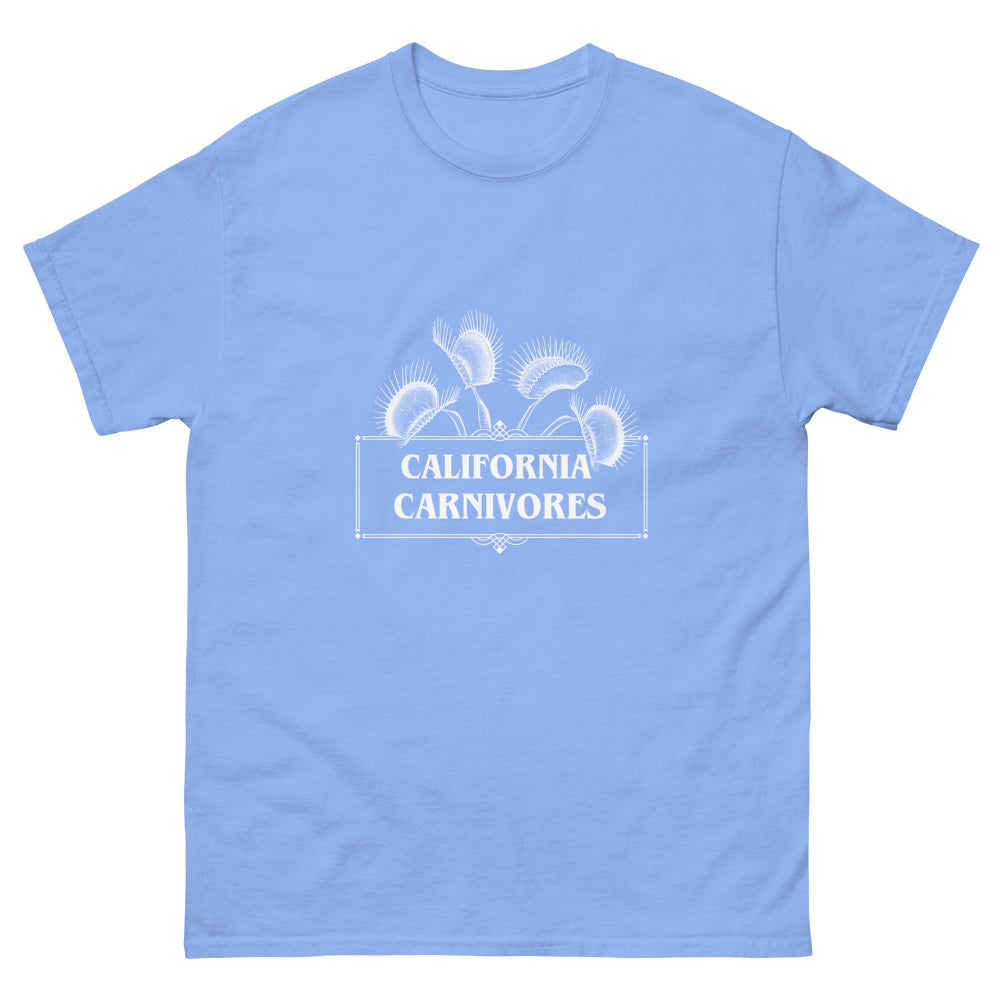 Light blue t-shirt with 'California Carnivores' logo on a white background