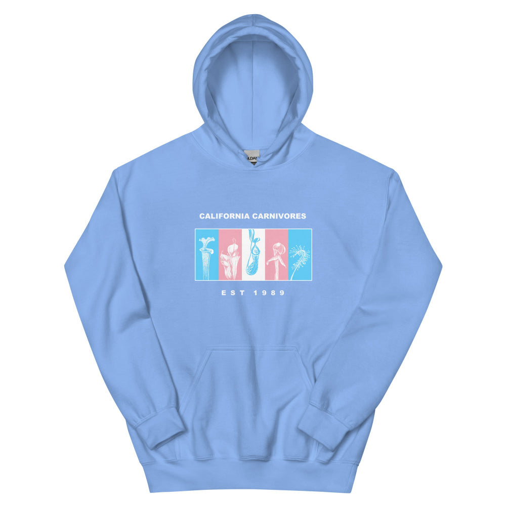 Light blue hoodie with 'California Carnivores' logo on a white background