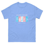 Light blue t-shirt with graphic design and text on a white background