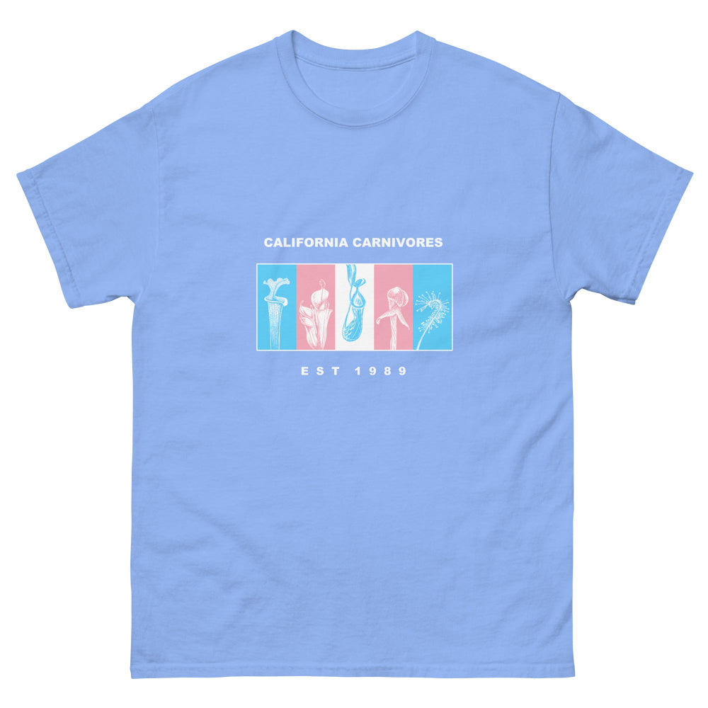 Light blue t-shirt with graphic design and text on a white background