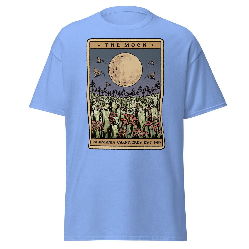 Light blue t-shirt with a graphic design of 'The Moon' tarot card on a white background