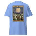 Light blue t-shirt with a graphic design of 'The Moon' tarot card on a white background