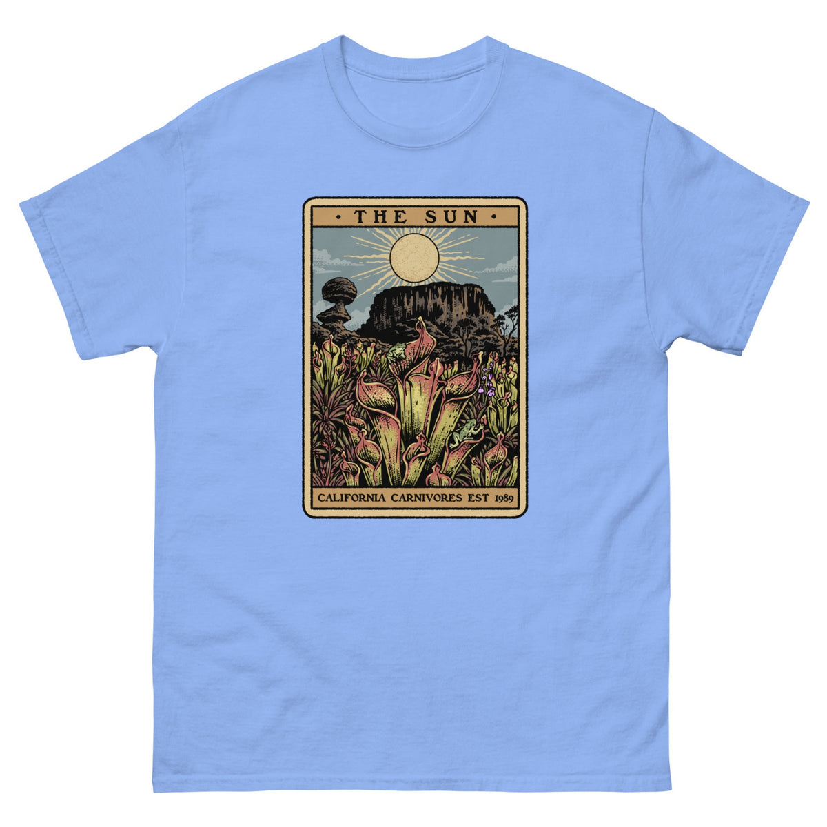 Carolina Blue t-shirt with a graphic design of Heliamphora as the Sun tarot card