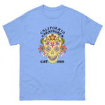 Light blue t-shirt with a colorful skull design and 'California Carnivores' text on a white background