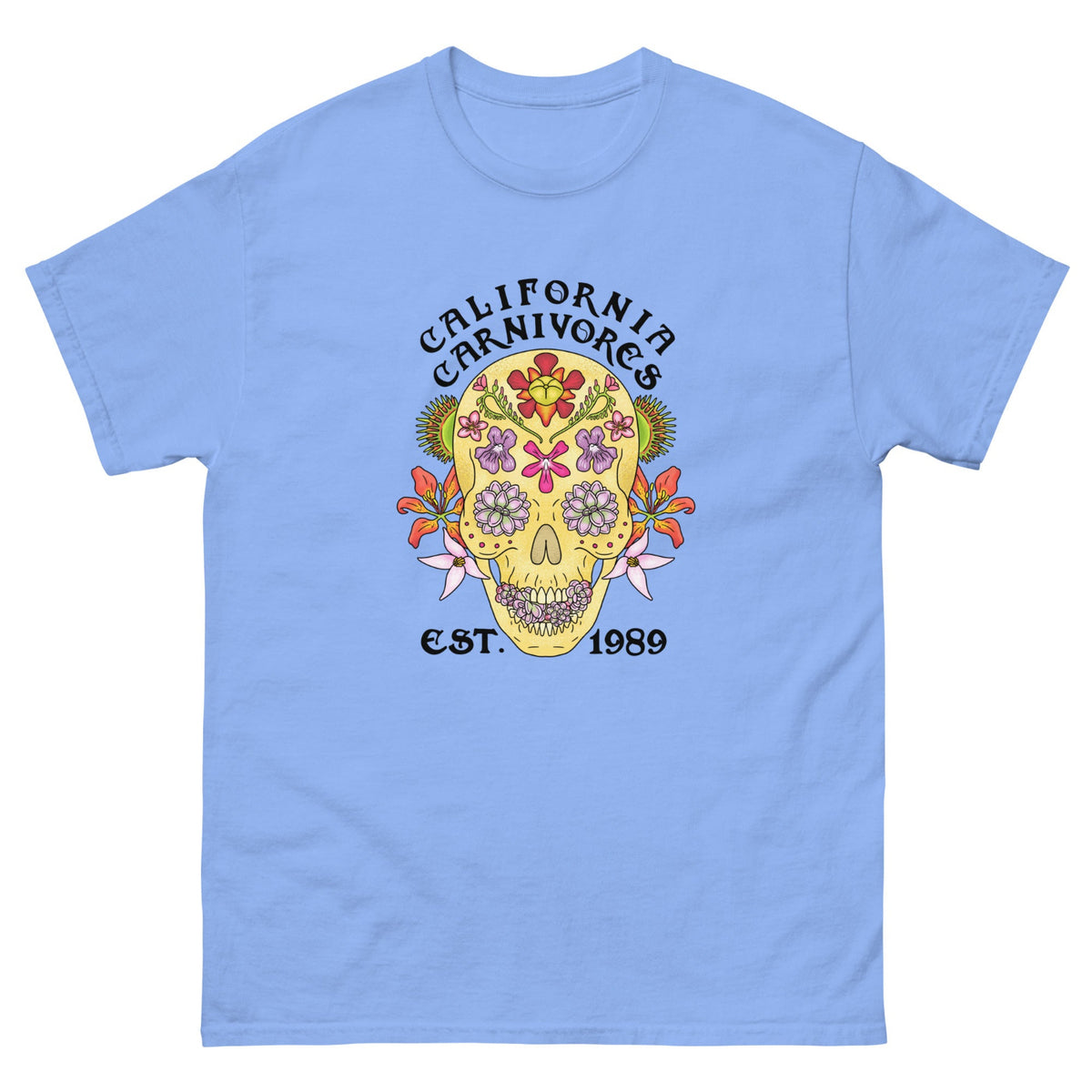 Light blue t-shirt with a colorful skull design and 'California Carnivores' text on a white background