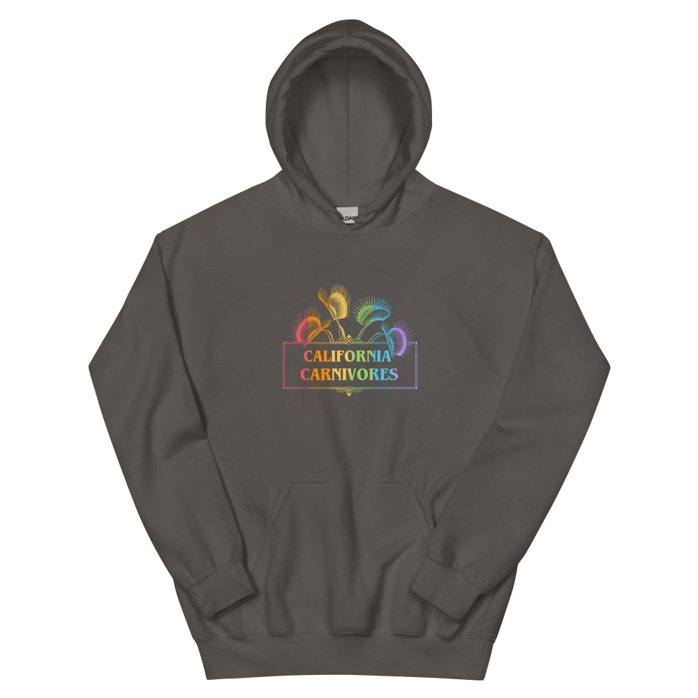 Dark gray hoodie with 'California Carnivores' logo on a white background