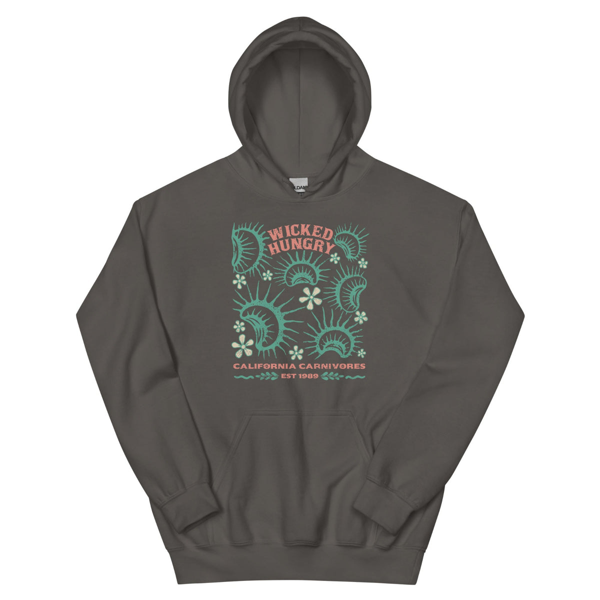 Charcoal California Carnivores unisex hoodie with Wicked Hungry in coral, in the upper middle, surrounded by wood block print style flytraps in teal. 