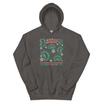 Charcoal California Carnivores unisex hoodie with Wicked Hungry in coral, in the upper middle, surrounded by wood block print style flytraps in teal. 
