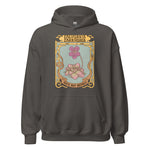 Dark gray hoodie with a graphic design on a white background