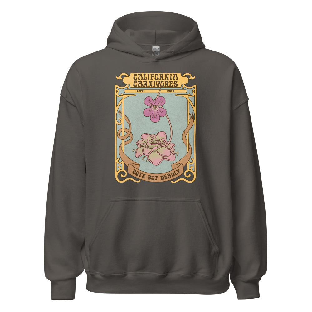 Dark gray hoodie with a graphic design on a white background