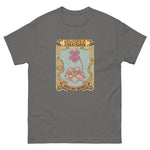Gray t-shirt with a graphic design of flowers and text on a white background