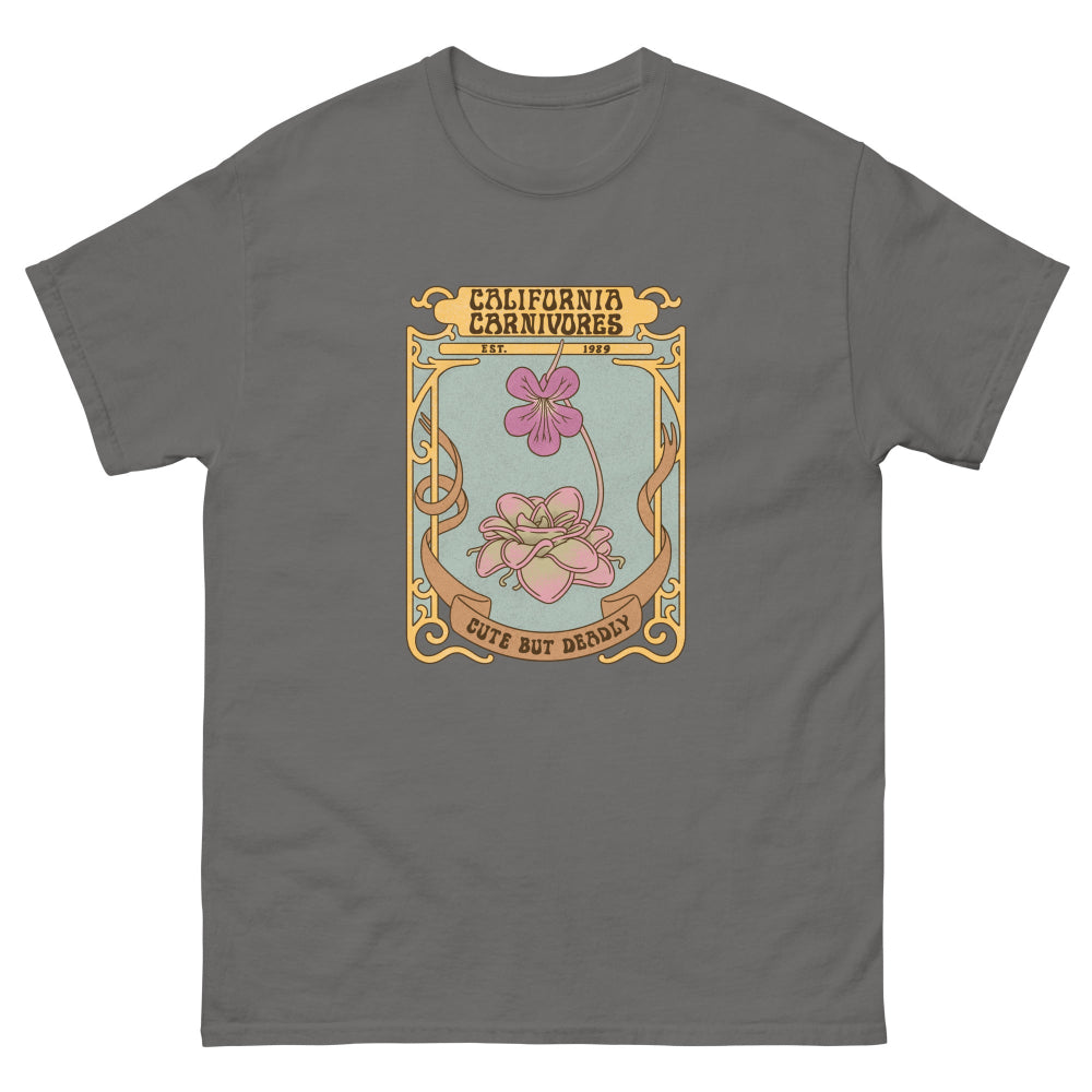 Gray t-shirt with a graphic design of flowers and text on a white background